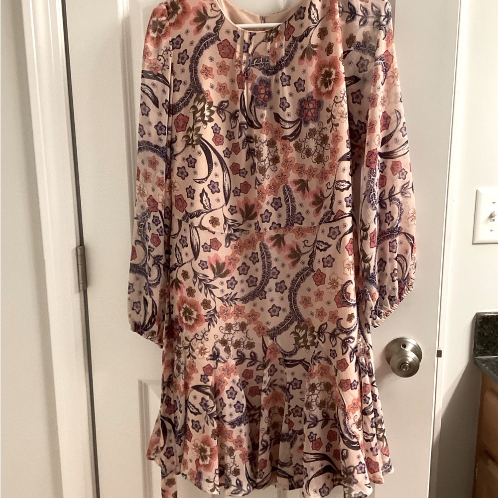 Loft Godet Flare dress.  Self-belt. Long sleeves.